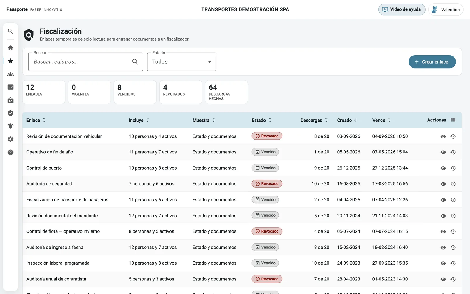List of inspection links with sample data: what each includes, status expired or revoked, downloads made and expiry date.
